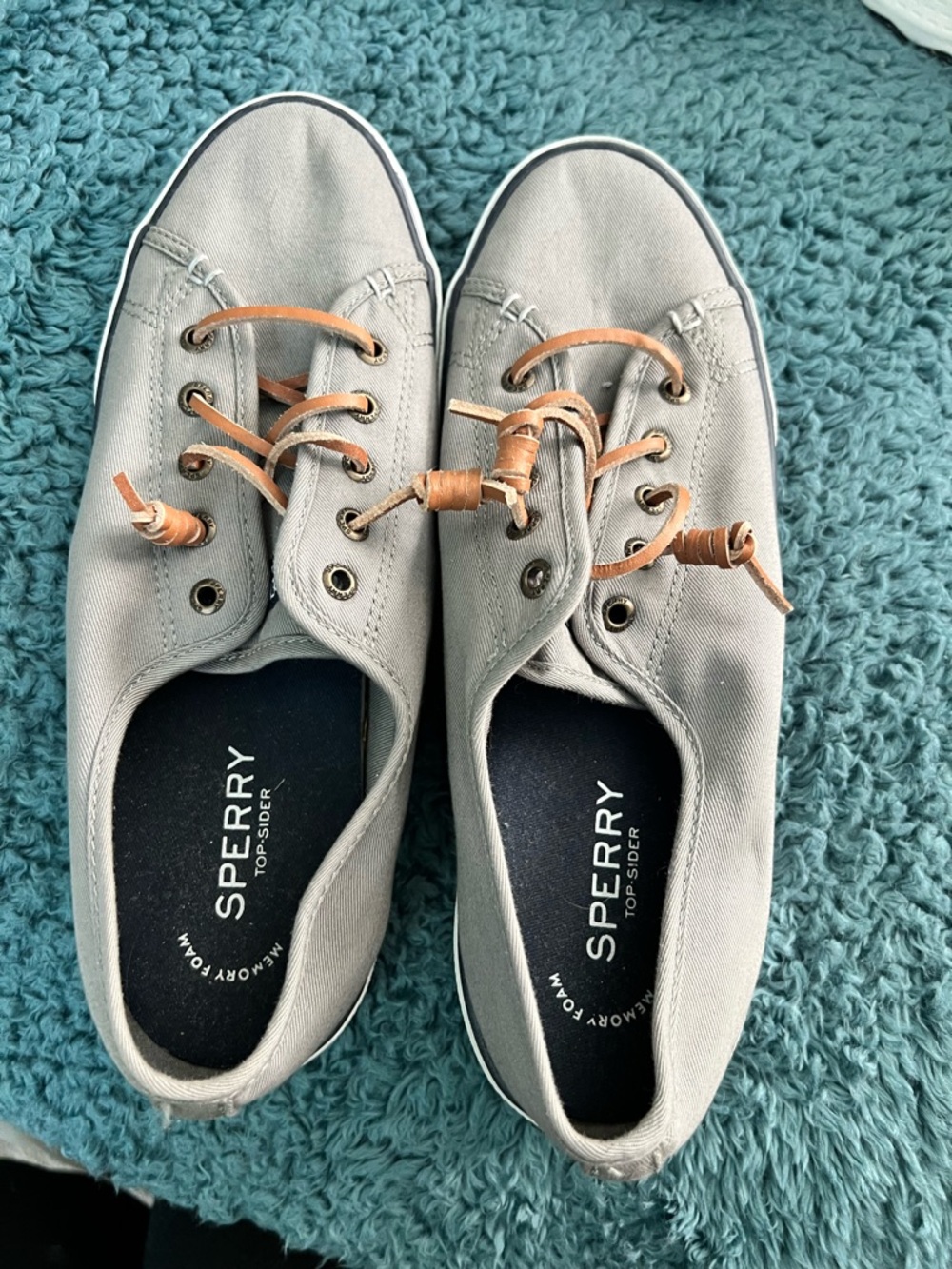 Sperry Light Gray Canvas Boat Shoes with Tan Leather Laces